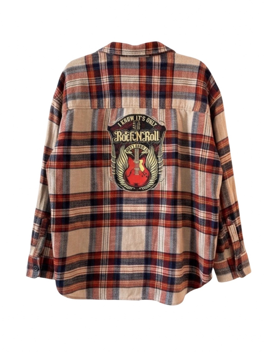 American Eagle XL Upcycled Plaid Rock N Roll Guitar Graphic Flannel